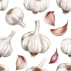 Watercolor Garlic Seamless Pattern on White Background for Culinary Themed Decor and Designs in Natural Organic Style Perfect for Kitchen Backdrops
