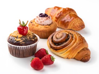 Set of different delicious cakes isolated on white background