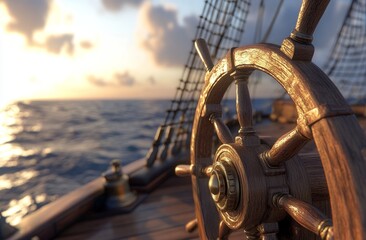 A close-up of the wooden steering wheel on an old ship, with blurred sea and sky in the background. The scene is captured from a first-person perspective.