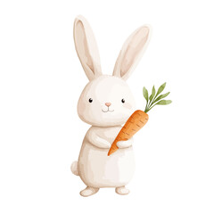 Fototapeta premium Bunny's Bounty: An adorable bunny with long, perky ears holds a fresh, orange carrot, exuding a sense of innocent delight and spring's promise.
