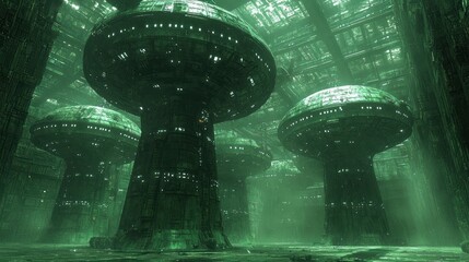 Enigmatic Green Bio-Mechanical Forest: A digital art depicting a futuristic, bioluminescent forest with colossal mushroom-like structures
