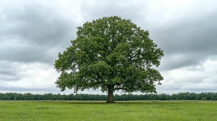 Fototapeta premium Large tree stands alone in grassy field under cloudy sky.
