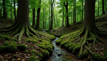 Fototapeta premium Dense, emerald green forest floor carpeted in a thick layer of moss and decaying leaves