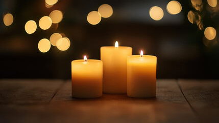 Softly Glowing Candles on Wooden Table with Warm Bokeh Lights