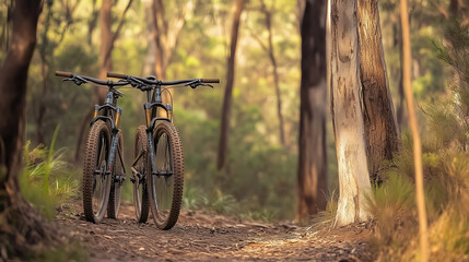 Two mountain bikes resting by a tree, embracing the spirit of outdoor adventure.