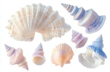 A collection of various seashells illustrated in soft pastel colors, arranged on an isolated white background with no shadows or text for a clipart-like appearance.