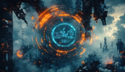 Obraz premium Futuristic Industrial Cityscape: Technological Interface Over Smog-Filled Metropolis