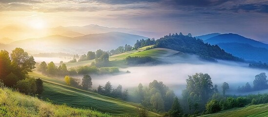 Fototapeta premium mysterious fog on hillside in rural area