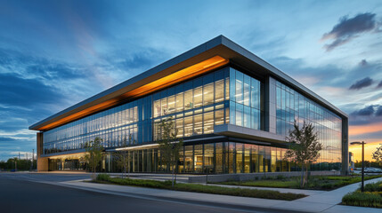 Obraz premium Modern Office Building with Glass Facade during Sunset Illumination
