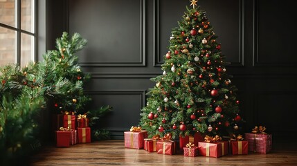 A Majestic Christmas Tree Adorned with Red and Gold Ornaments, Surrounded by Presents