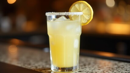 tall glass filled yellow colored drink drink appears margarita cocktail slice lemon rim glass glass sitting bar countertop blurred background lights rim covered thin layer salt giving drink salt like