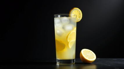 tall glass lemonade ice cubes glass filled yellow colored drink has slice lemon rim background black glass placed reflective surface also whole lemon next glass overall mood dark moody