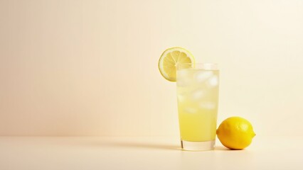 tall glass lemonade slice lemon rim glass filled ice cubes lemon placed next background plain beige color overall mood bright fresh