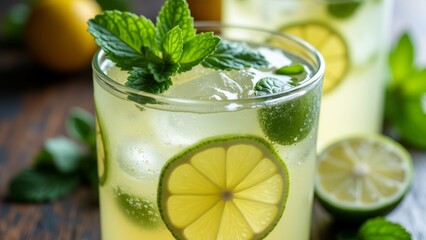 Fototapeta premium two glasses lemonade wooden table glasses filled light yellow colored drink ice cubes slice lime rim also few mint leaves scattered around glasses background two whole lemons few more lemons overall