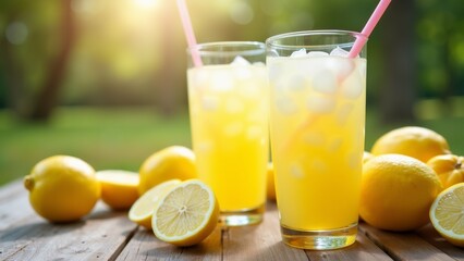 two tall glasses lemonade wooden table glasses filled bright yellow liquid pink straws sticking out several whole lemons scattered around table which cut half background blurred appears garden park