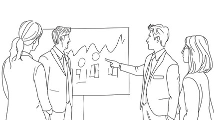 A group of people are standing around a white board with a man pointing at it