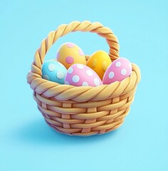 Colorful Easter Eggs in a Woven Basket on a Bright Blue Background