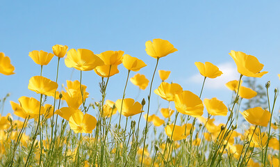 field of yellow flowers and blue sky background. generative ai