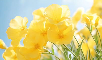 Fototapeta premium Closeup of beautiful yellow flowers blooming in the garden under the bright sun-generative ai