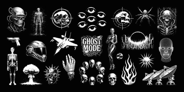 Futuristic 3D grunge textures, cyberpunk, apocalypse concept. Streetwear, t-shirt dark noir prints. 3D textures of objects: skulls, eyes, cyborg. Brutalism, cyberpunk prints, grunge typography. Vector