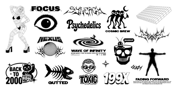 Clothing brand prints, psychedelic, funny, retro and stylish monochrome prints for t-shirt, streetwear. Monochrome stamps. Trippy, surreal illustrations with lettering. Vector graphic y2k, vaporwave.