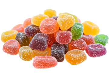 A pile of different types of jelly candies, on a transparent background. high resolution PNG file