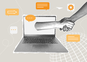 Trendy halftone collage. Online handshake, digital partnership. Online negotiation concept, online meeting, agreement.