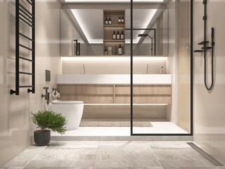Luxury beige cream bathroom, modern toilet bowl, washbasin on cabinet counter, glass partition and shower area on white marble floor tile. Interior design decoration background 3D