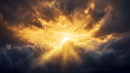 Obraz premium Golden Sunbeams Through Dramatic Clouds