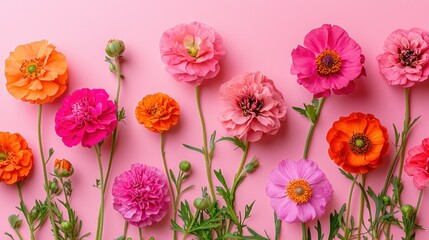 Obraz premium Vibrant Ranunculus and Anemone Blooms on Pink Background