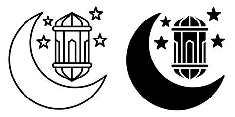 moon with stars lantern editable stroke outline & solid icon isolated on white background flat vector illustration, black outline, Pixel perfect