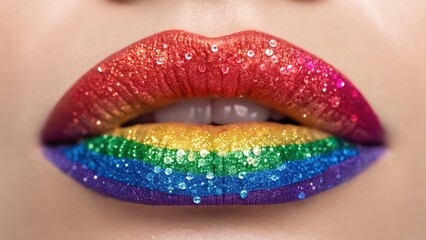 Vibrant, glittery lips painted in a rainbow gradient, showcasing a bold and artistic makeup style.
