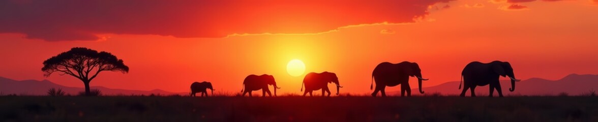 Obraz premium Silhouetted elephants moving peacefully under glowing sunset sky, sunset, silhouettes