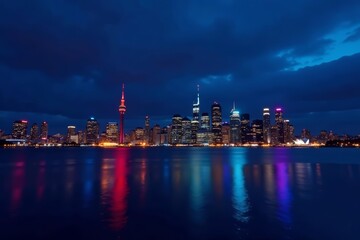 Fototapeta premium Skyline of Auckland city lights reflecting on the water at night, waterfront, reflection