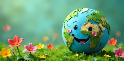 Smiling Earth icon with vibrant flowers, symbolizing nature preservation and care, planet, eco-friendly