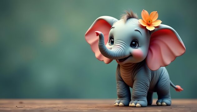 Smiling elephant with a flower on its trunk, standing on two legs, floral, posing