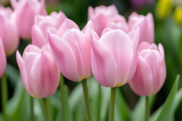 Fototapeta premium Pink tulips create a beautiful floral background in a spring garden