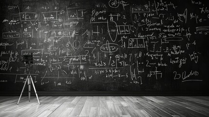 A blackboard filled with algebraic expressions and variables.