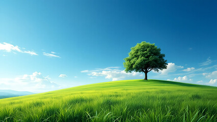 五月晴れの丘と一本の大樹