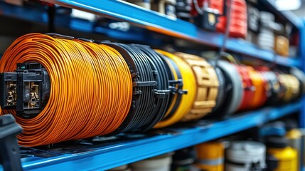 Obraz premium Close-up of Orange Wire Spools on Industrial Shelves