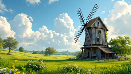 五月の青空と風車のあるのどかな景色