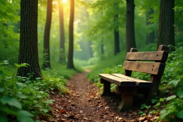 Naklejka premium A rustic wooden bench in a forest surrounded by trees and foliage, wooden background, organic surroundings