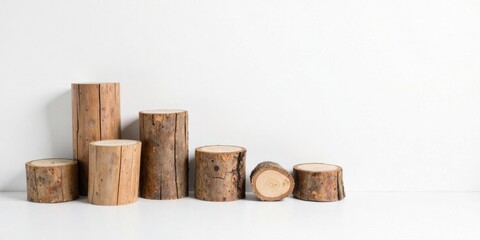 Rustic Wooden Log Slices Arranged as a Decorative Display on a White Surface