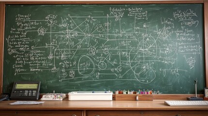 A blackboard with neatly drawn Feynman diagrams and particle physics equations.