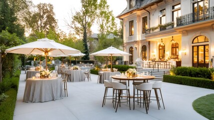 Obraz premium Round tables and elegant parasols decorating a luxury garden party in front of a mansion