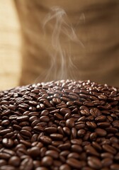 Warm light illuminates freshly roasted coffee beans steaming gently. AI Generated