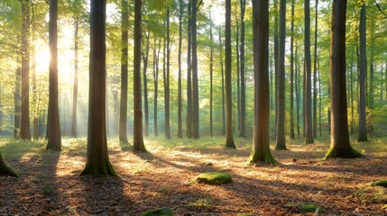 Obraz premium Beautiful morning sun illuminating lush green forest