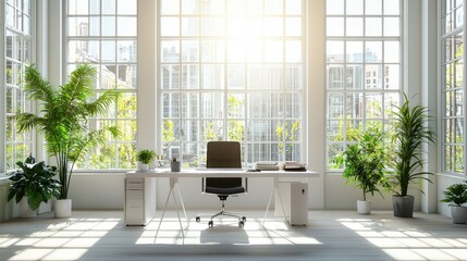 A bright and airy office with sunlight streaming 