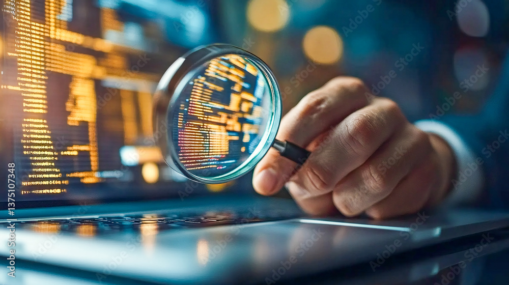 Wall mural electronic document check and data information searching online depicts a businessman using a magnif