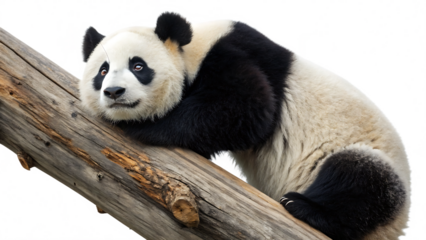 Serene Panda Perched on a Wooden Log, Gazing Curiously